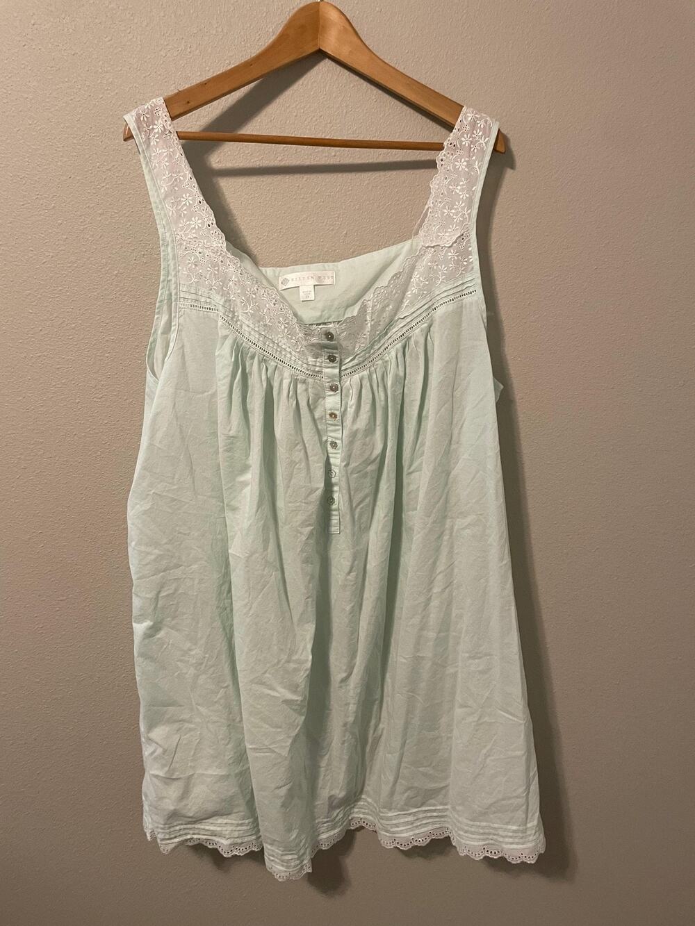 Eileen West Nightgown Womens 3X Green Cotton Lace Sleeveless Chemise Cottagecore